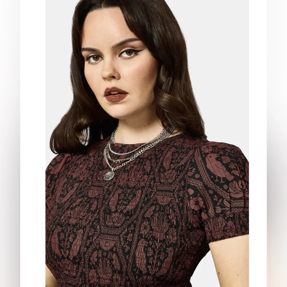 NWT Disturbia Annabel Inverted Raven Print Shirred Mini Dress size 6 - Picture 2 of 10